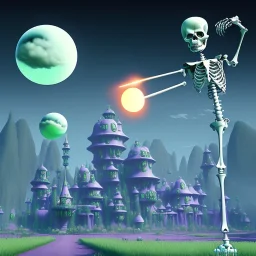 The Grim Reaper and the Skeleton on bubble world, discussing the future of the universe, art by Magritte and Pixar