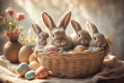 photorealistic image, browned, faded, last century style photograph with knitted and embroidered bunnies, painted Easter eggs in basket, flowers, in sunlight, edges of image appear burnt, ethereal, cinematic postprocessing, bokeh, dof