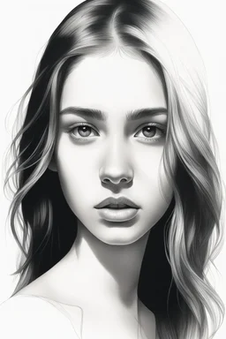 A realistic drawing in negative space black ink on white background of a beautiful front view of a young girl with clear white face, all picture is bright white. With long hair