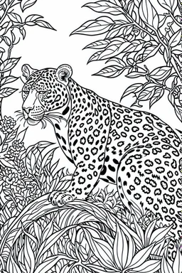 DRAW TO COLORING OF A LEOPARD ON THE JUNGLE, BLACK AND WHITE CARTOON STYLE, LOW DETAILS, THICK LINES, NO SHADING LINES