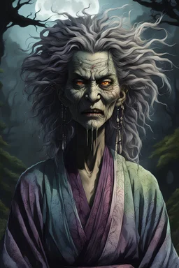 full color front facing portrait of a malevolent female Yama Uba witch in a ragged kimono with highly detailed shaggy hair , aged emaciated, and withered facial features, in a haunted mountain forest, pierced by shafts of moonlight , 8k , finely detailed and precise line work, soft natural Spring colors