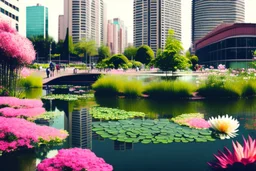 Modern city, people, pond, flowers