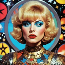 she says "thank you!" in a speech bubble A vibrant, hyper-saturated 35mm film still from a lost 1970s Star Trek episode, directed by Ken Russell in a high-steroid, hallucinatory fervor. The young blonde Madonna with pixie haircut, and war tattoos reimagined as a defiant Klingon icon, stands in the cluttered, dimly lit, neon-washed Engineering section of a Klingon Bird-of-Prey. She wears rugged, black and red Klingon engineering underwear and harness (ribbed textures, leather, metal clasps), reve