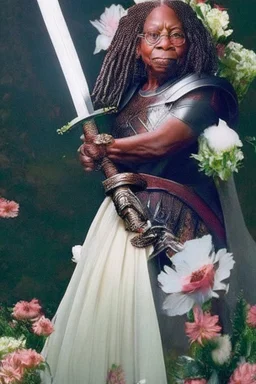 [Whoopi Goldberg] Without a moment's hesitation, Agatha, wielding her sword adorned with carved flowers, seized the opportunity. With a swift and precise movement, she struck beneath the tyrant's shoulder, piercing through his defenses and driving him to his knees.