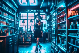 full-height shot of a young witch in a tight black short skirt, inside a large magic shop, shelving, bottles, windows