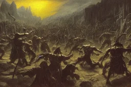 Orcs fighting Gandalf in a dungeon painted by Caspar David Friedrich