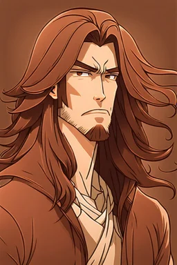 This is an illustration of a man with long hair, rendered in a cartoon style. The figure is skillfully drawn, with great attention to detail, much like a character one might find in an anime or manga. The artist used a dominant brown color palette, with a rich brown foreground and background, giving the character a warm, earthy tone. The animation style is reminiscent of a fictional character from a popular anime or manga series. The man's face and hands are slightly blurred, which adds an i