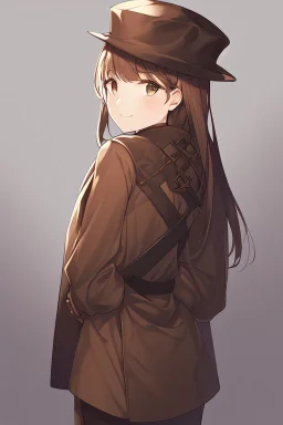 1girl, (masterpiece:1.2), best quality, masterpiece, highres, original, arms behind back, (ultra-detailed), (best illustration), (best shadow), from_close, small breasts, looking at viewer, (brown clothes), hat, (slightly smile: 0.6), (simple_background:1.3), hu tao \(genshin impact\), <lora:hutaoV1_hutaoV1:0.8> ,<lora:helltakerLora_10:0.6>,