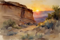 Sunset, rocks, mountains, rocky land, epic, john singer sargent watercolor paintings