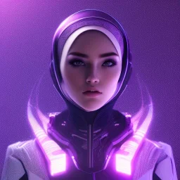 Cute girl face in hijab, Sci-fi character, purple backlight, pink and purple, scifi suit, profile, purple background, pink lighting