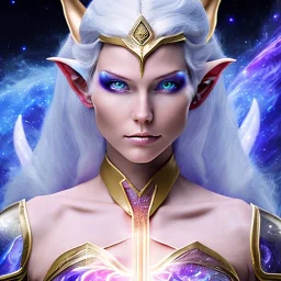 cosmic mage, elf, female, battle mage, epic, cosmic magic, long ears, white hair, face details, pale skin, jewellery, broad shoulders, glowing eyes, sharp ears, cosmic clothes, bright eyes, cosmic eyes, ears shown, light out of eyes, the cosmos in eyes