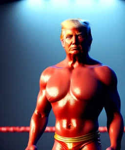 Donald trump wrestling fighter, naked torso, red breeches, retro style, 80s, hot ambient, photo studio, red, gold, vibrant color, gradient, highly detailed, art stations, concept art, smooth, unreal engine 5, god rays, ray tracing, RTX, lumen lighting, ultra detail, volumetric lighting, 3d, finely drawn, high definition, high resolution.