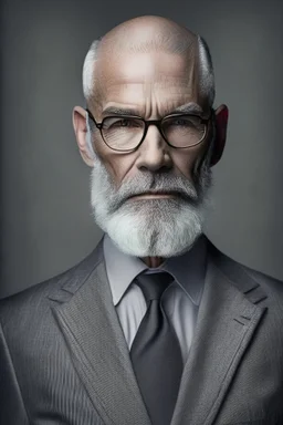 realistic photo portrait of a cocasian middle age bald man, short trimmed silver-gray beard, wearing glasees and black suit