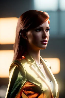Young business woman, sci-fi, auburn hair, orange eyes, gold jewelry, elegant hair, retro neon style, a lot of led lights, fog, rain, leather, vibrant color, highly detailed, art stations, concept art, smooth, unreal engine 5, god rays, ray tracing, RTX, lumen lighting, ultra detail, volumetric lighting, 3d, finely drawn, high definition, high resolution.