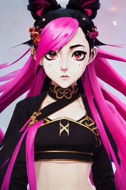 A Cute anime Kunoichi girl, kitsune mask, pink hair buns, pink bangs, traditional black designer kimono, full body art, intricate details, eyes perfectly aligned, full body portrait, red ribbons, slight smile, black constellation motif, windy, concept art, mini tornado stickers, black fishnet wear, highly detailed, digital painting, artstation, concept art, sharp focus, illustration, art by WLOP and greg rutkowski and alphonse mucha and artgerm and yanjun Chen and Junji ito