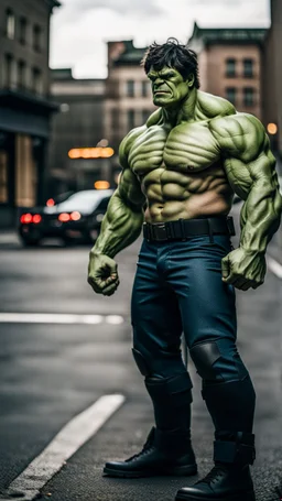 hulk, moody good lighting, best quality, full body portrait, true portrait, complex details, depth of field, Fujifilm xt3, outdoor, beautiful light, raw photo, 8K UHD, police