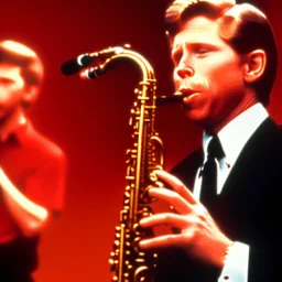 eyes closed REd-haired ron howard as richie from happy days Is playing the saxophone in a band with his "eyes closed", rock band, looking at camera