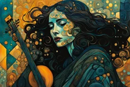 create an abstract expressionist, highly ethereal, darkly magical illustration of a deeply sorrowful, woman with guitar, with highly detailed and deeply cut facial features, in the style of GUSTAV KLIMT, PABLO PICASSO, EDWARD BURNE-JONES, WILLIAM MORRIS, and KATHE KOLLWITZ combined with the comic art style of BILL SIENKIEWICZ and JEAN GIRAUD MOEBIUS, searing lines and forceful strokes, precisely drawn, boldly inked, and darkly colored