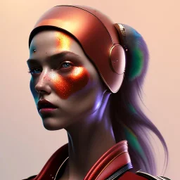 woman, rounded face, red, round grunge helmet, decorative color feathers, retro futuristic, latex coat, soft color, highly detailed, art stations, concept art, smooth, unreal engine 5, god rays, ray tracing, RTX, lumen lighting, ultra detail, volumetric lighting, 3d, finely drawn, high definition, high resolution.