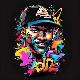 3d Vector t shirt art ready to print COLOrFUL graffiti illustration of A man Indonesia and a basecap with text "addie" On cap, black background.