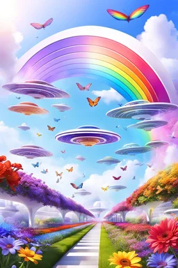 colors, very beautiful, flowers garden,rainbow, cité très futuriste ultra moderne, ufos rainbow, ufos fleet, intergalactic, birds, butterfly