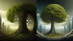 the last tree on earth, portal to a space near the tree on the left, on the right city of the future year 4222, very realistic,