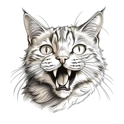 A pencil-drawn cat's head with an open mouth on a transparent background