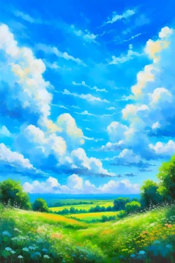 impressionism nature peace communication compassion tranquility blue sky meadow fluffy clouds