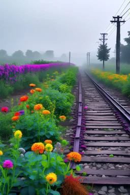 a train tracks in it a lot of colorful wild flowers , a train shows is coming forward , foggy, cloudy gray sky, and thunders , a dear legs sticks in the train tracks and can not move