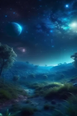 Fabulous landscape forest, night, on the background of outer space, planets, stars, hyperdetalization, mysticism, illumination, fantasy, gloomy atmosphere, clear drawing of details, hyper realistic, beautiful, lumen, professional photo, beautiful, 5d, realistic, 64k, high resolution, high detail, cgi, hyperrealism,f/16, 1/300s. highly detailed digital painting, realistic.