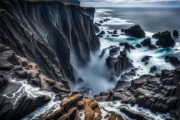 This mesmerizing ocean cliff scene captures the dramatic power and beauty of nature. Towering rugged cliffs stand majestically against the vast expanse of the ocean, where the water pours into a singular bottomless pit. The cliffs, with their sharp and jagged edges, create a stark contrast to the rough, flowing water, making the scene even more captivating. Sunlight pierces through the mist rising from the waterfalls, creating a magical, ethereal atmosphere