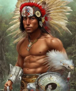 Guaicaipuro, native american god, 30 years old, Muscular warrior, red feathers headdress, shirtless, fearce look