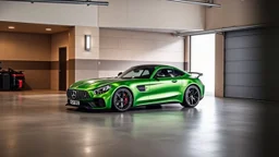 Mercedes-Benz AMG GT63s, green color, parked in a luxury garage and the car is facing left.