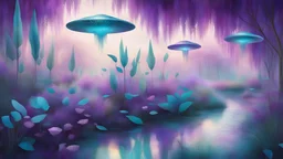 purple and turquoise ethereal willow leaves garden, iridescent ufos flying, flowers