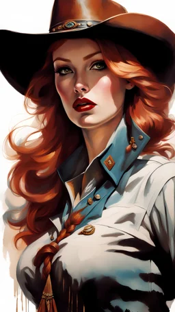 mysterious redhead woman 30yo in stunning cowgirl clothes by Gil Elvgren and Alex Ross and Carne Griffiths, detailed painting with dramatic shading