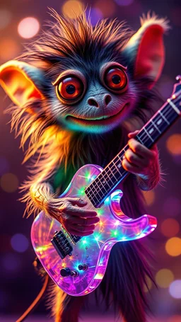 a psychedelic fuzzy muppet show gekko gremlin rock star with space laser transparent prismatic guitar in the style of Escher, bokeh like f/0.8, tilt-shift lens 8k, high detail, smooth render, down-light, unreal engine, prize winning