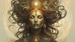 create a full body, haunted female disembodied spirit with highly detailed, sharply lined facial features, , finely drawn, boldly inked, in soft ethereal colors, otherworldly, celestial, and beautiful in the style of Peter Mohrbacher
