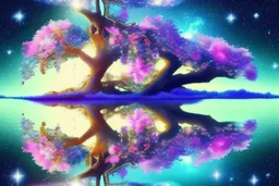 tree, water reflection, flowers, galaxy, cosmos, science fiction, epic scene.