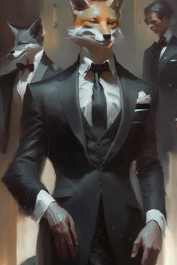 a fox in black suit, white collar band and court gown in the style of Aleksi Briclot, Charlie Bowater, Dean Cornwell, and Pino Daeni