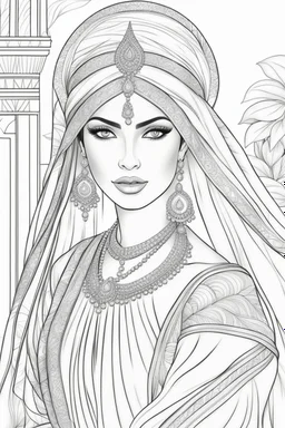 coloring page for adults of fashion model wearing hindi dress, thick and clear lines hair, full body portrait, style clean coloring page for adults, cartoon style, clean line art high detailed, white background, coloring book style, 8k, no-shading, thick lines hair, no-grayscale, lines hair