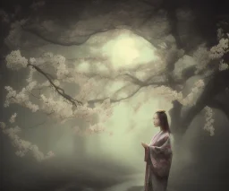 misty foggy area with a girl in a floral kimono in the middle of a bright japanese village at night