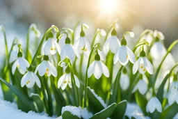 Beautiful Snowdrop flowers on the winter snow and beautiful snow flakes, sunny morning indirect sun ray on, Miki Asai Macro photography, entire but close-up, hyper detailed, trending on artstation, sharp focus, studio photo, intricate details, highly detailed,