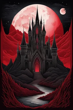 The Midnight Keep, Gothic Castle on the Red Bluffs, a crimson nightfall, stars, Red Full-Moon, red mountains and landscape,, gothic, haunting made with layered paper cut outs vector by hr giger