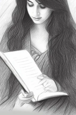 Pencil sketch of Young woman, Arab features,sad, long wavy hair, reading a book, full body، on lined paper