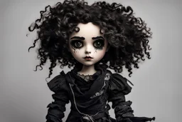 full color, illustration of a dark, menacing, curly haired, black cloth clad motorcycle girl, tall and willowy , as a decayed, broken, crude homemade cloth doll toy, with a cracked porcelain face, thick dark eyebrows, hair made from ragged strips of cloth, in the style of Nadya Sheremet