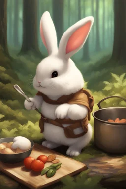 Cute chubby bunny floppy ears adventurer dnd cooking in a forest art realism