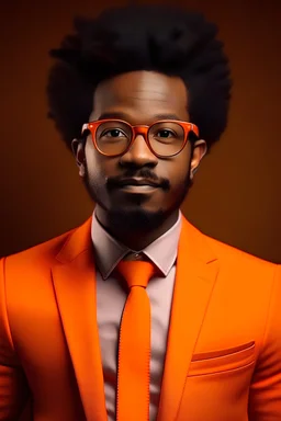 A 30 years old man wear e creative , elegant outfit, an orange sweater, elegan suit, beautiful man, original style, afro skin, short air, original glasses