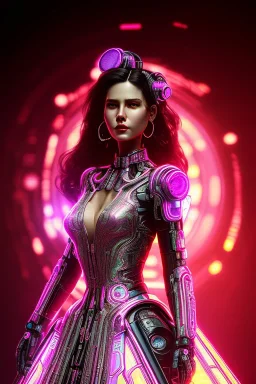 Portrait cyberpunk cybernetic AbstractTech bride in skin-tight ornate neon pink dress with silver filigree, full body shot, full-color long shot