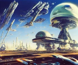 Spaceport on a heavy industrialized planet with a vibrant city in the background and a starting spaceship in the foreground, art by John Berkey, buildings with glass facades, insanely detailed, vibrant, 8k uhd, cinematic atmosphere, ultra-wide angle, street level view, brush strokes, blue sky with clouds, sharp focus