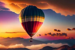 Hot air baloon at mountaintop, sunset, brilliant colors, puffy white clouds, cinematic, depth of field, realistic, hyper